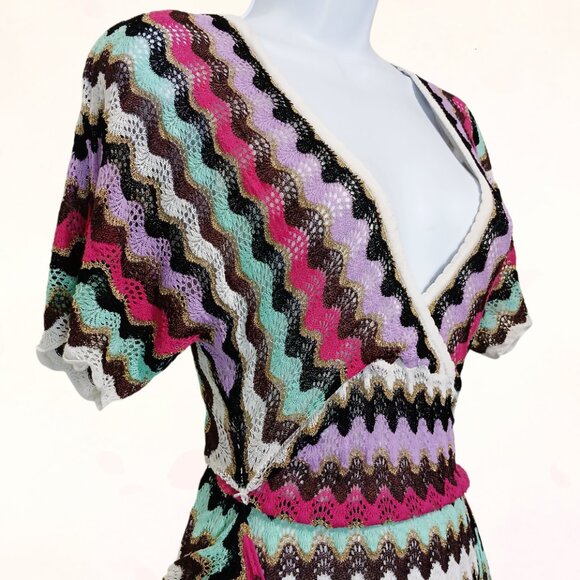 Guess Vintage Zig Zag Stretchy Metallic Gold Knit Fabric Belt Mini Dress Size S - Picture 4 of 16